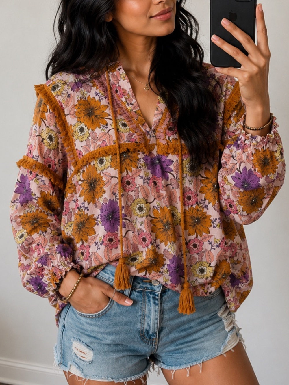Anthropologie Raga Wild Gardens Floral Tassel Peasant Blouse XS Boho Festival